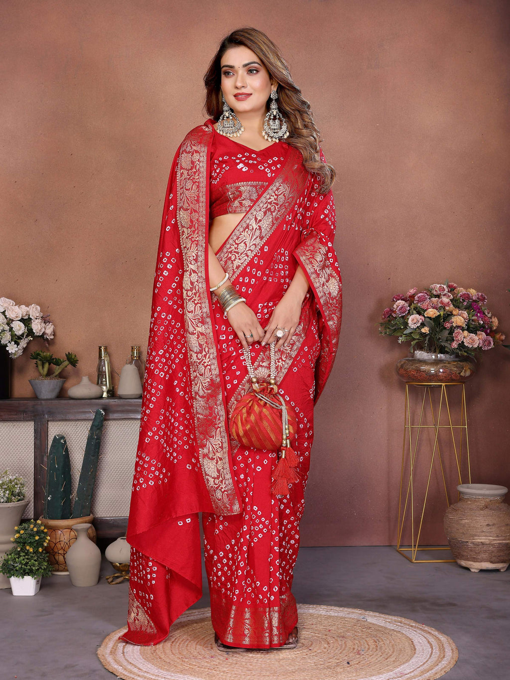 Red Pure Dola Silk Saree with Authentic Handmade Bandhej Work