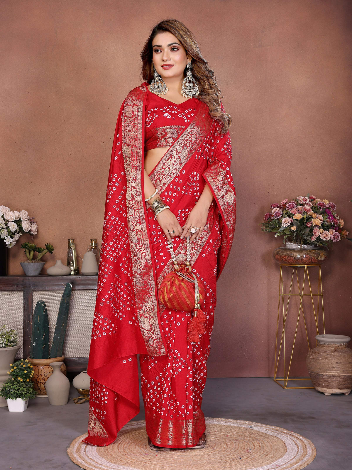 Red Pure Dola Silk Saree with Authentic Handmade Bandhej Work