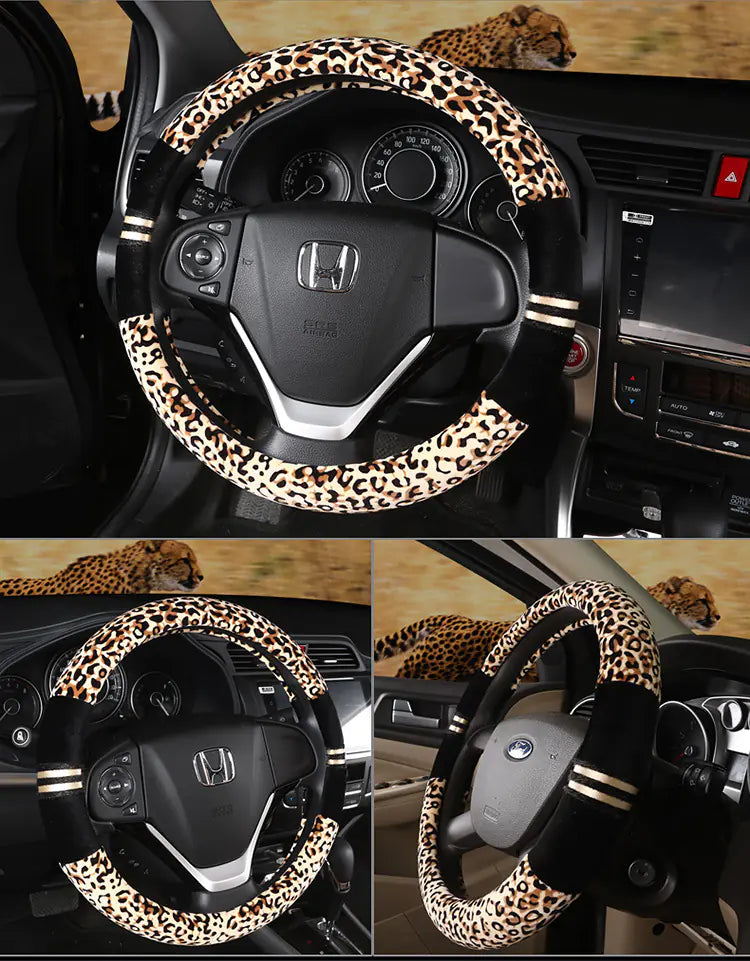 Winter Car Steering Wheel Cover - Plush Leopard Print