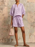 Women's Bubble Sleeve Button Down Top and Drawstring Shorts Set - Image 7