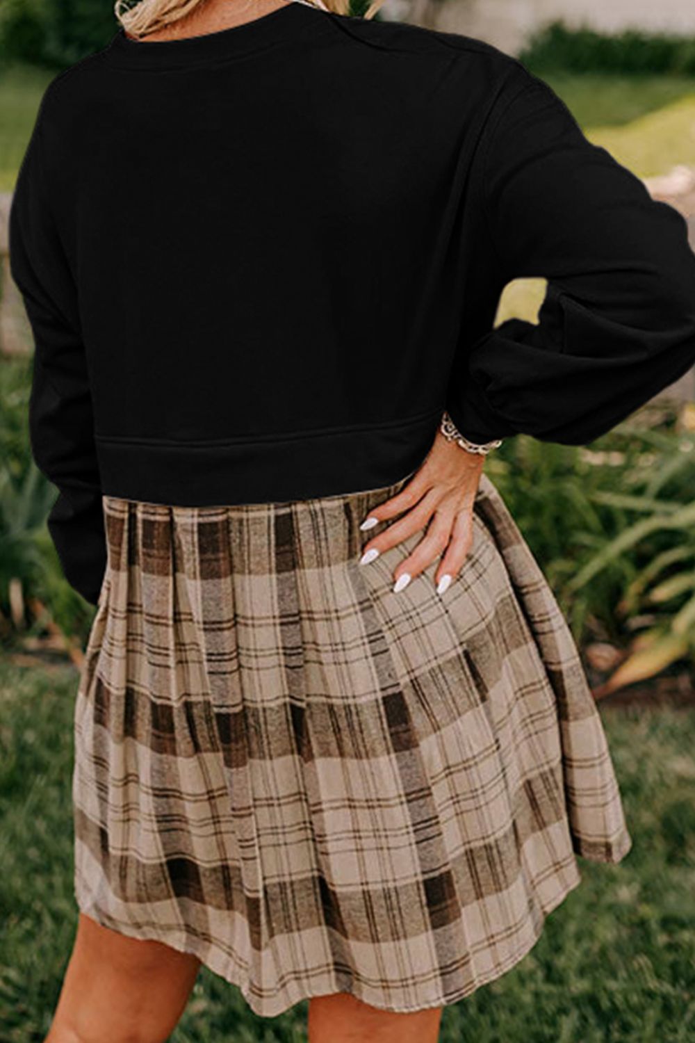 Vintage Plaid Long Sleeve Mini Dress with Round Neck