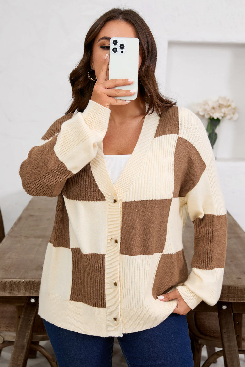 Plus Size Checker Ribbed Knit Buttoned V-Neck Cardigan