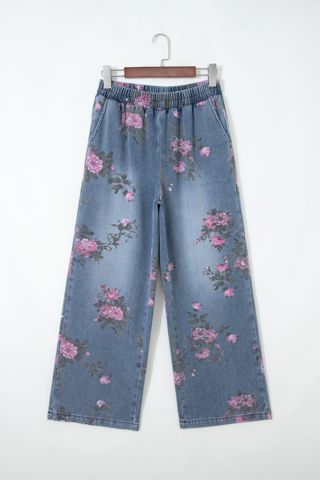 Floral Denim Wide Leg Jeans High Rise Pull-On Casual Pants