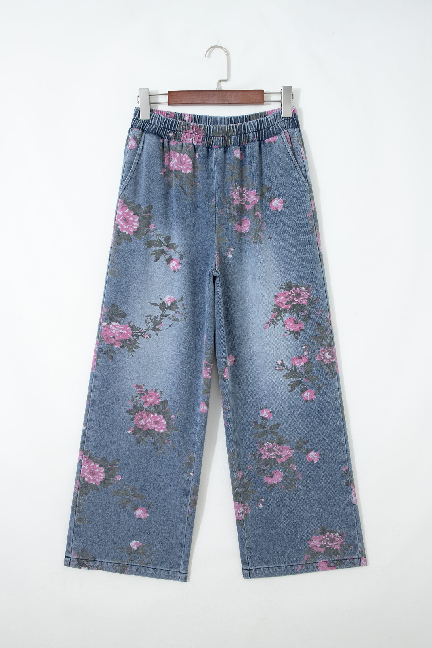 Floral Denim Wide Leg Jeans High Rise Pull-On Casual Pants