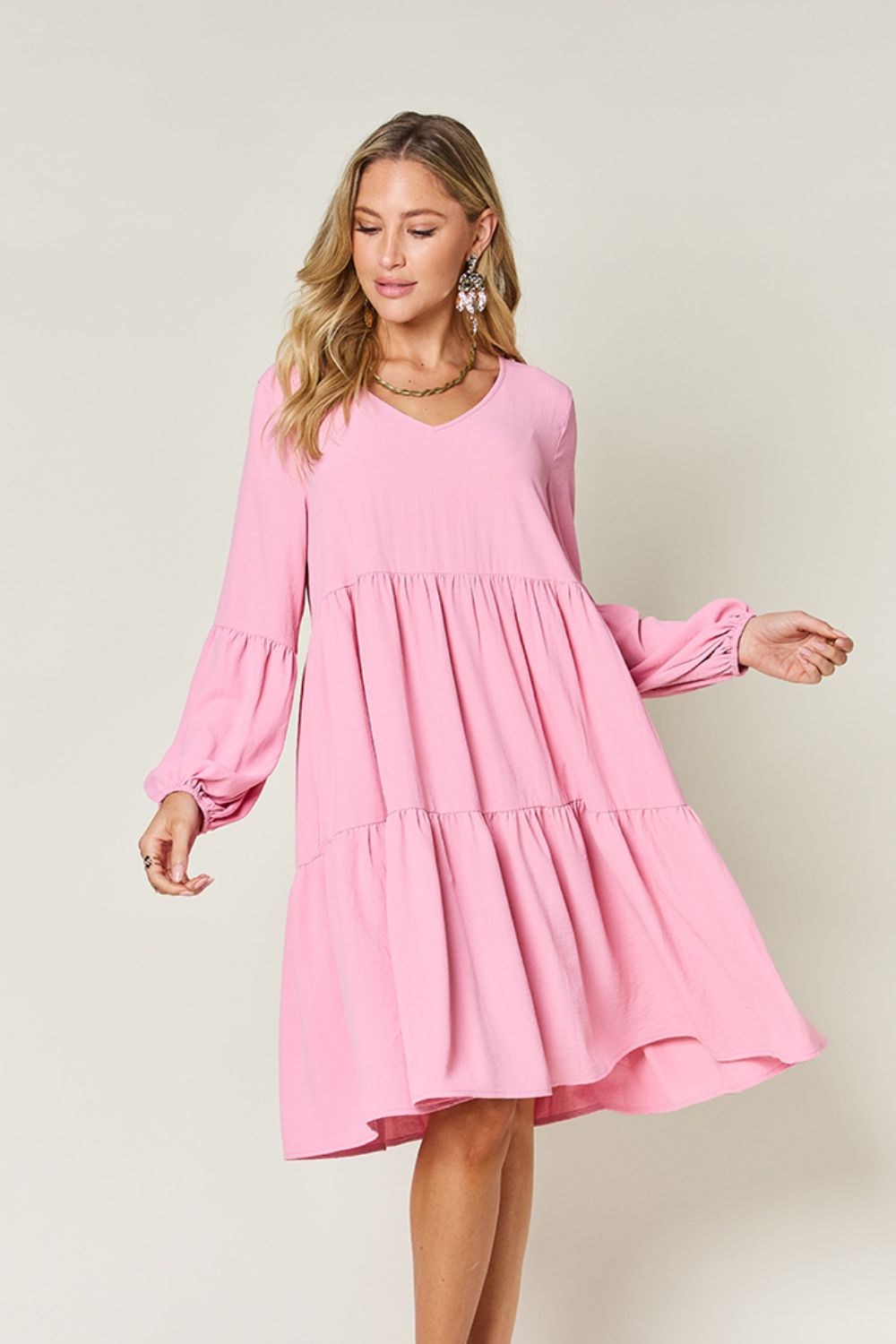 Light Green V-Neck Tiered Midi Dress with Side Pockets