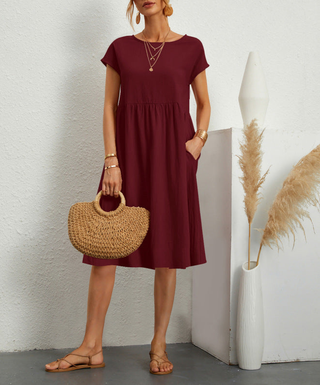 Cotton Blend Round Neck A-Line Skirt Dress