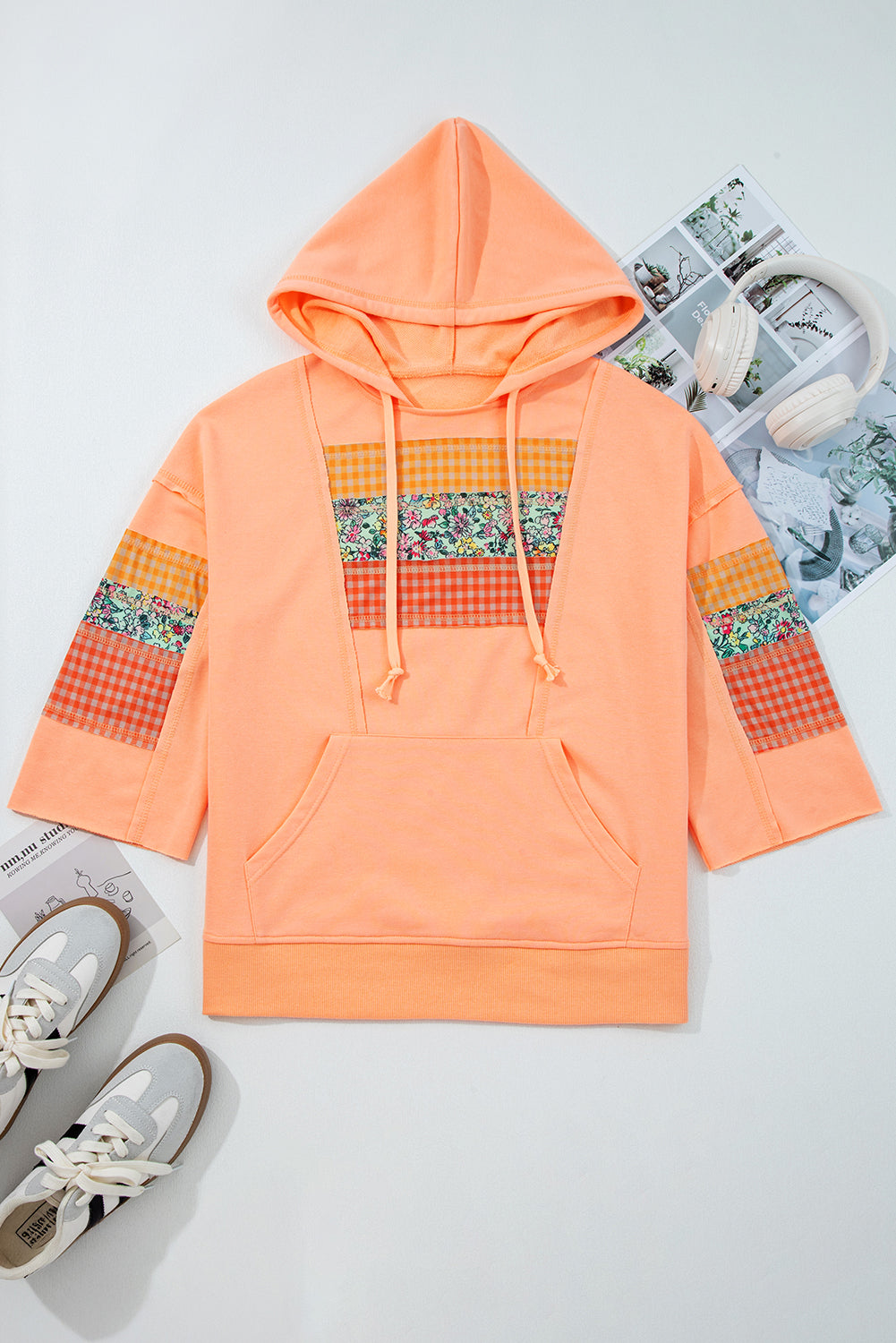 Grapefruit Orange Plaid Floral Patchwork Kangaroo Pocket Hooded Top