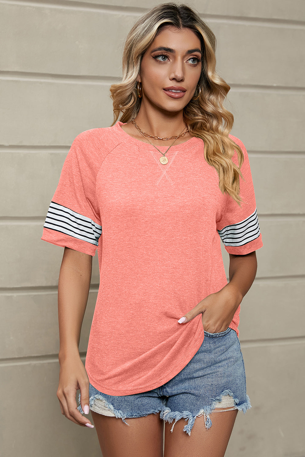 Casual Striped Sleeve Round Neck T-Shirt in Navy - Image 5