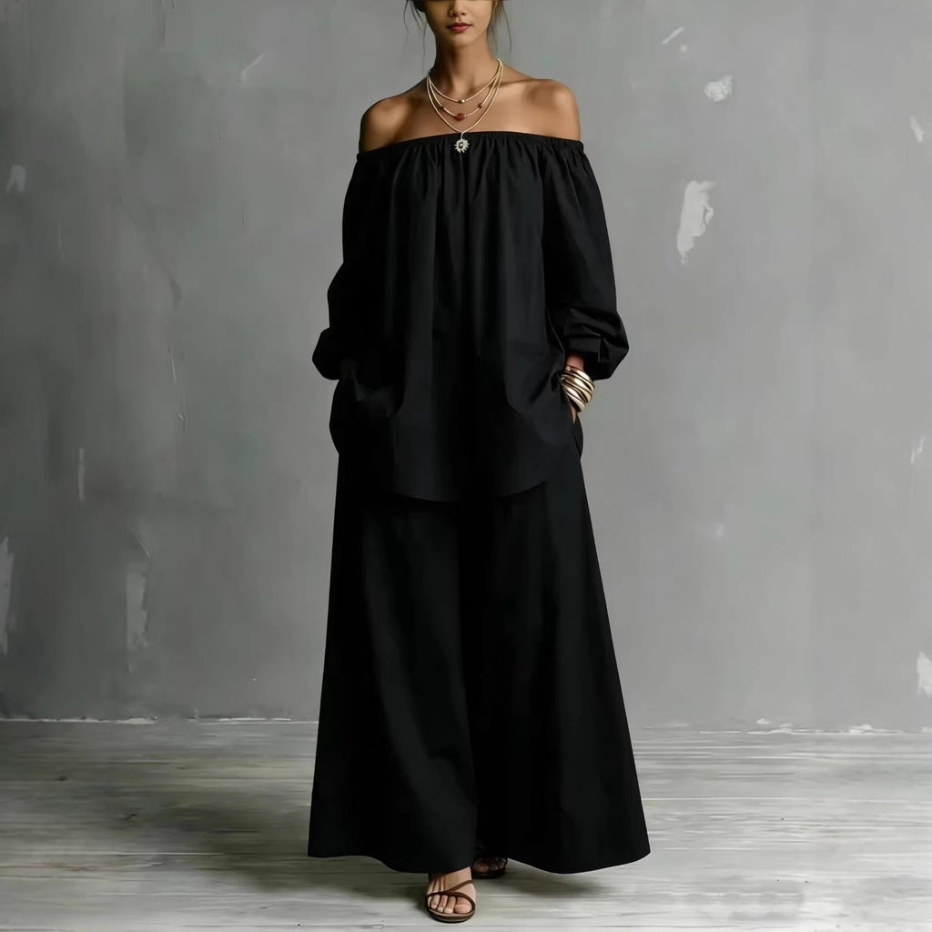 Off-Shoulder Cotton-Linen Wide-Leg Pants Set - Breathable Two-Piece - Image 4