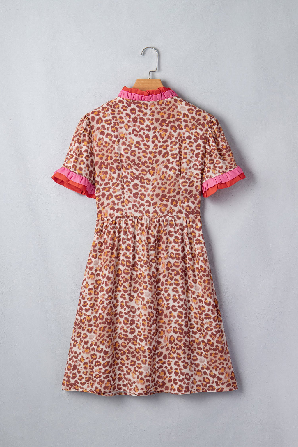 Leopard Print Colorblock Ruffle Short Sleeve Mini Dress - Image 3