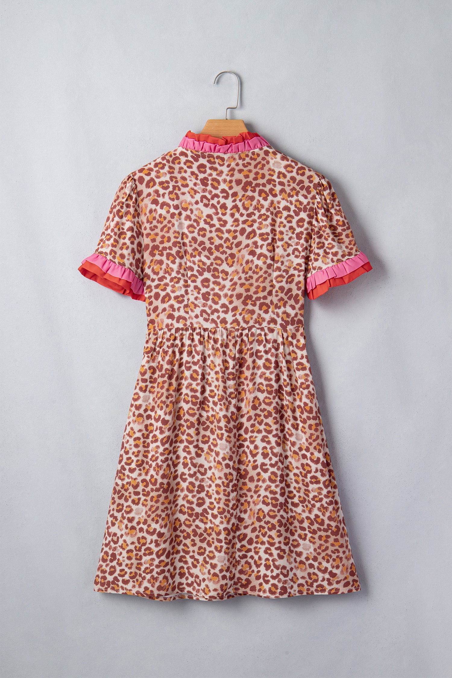 Leopard Print Colorblock Ruffle Short Sleeve Mini Dress - Image 3