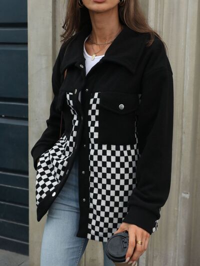 Black Checkered Snap Down Long Sleeve Jacket Functional Outerwear