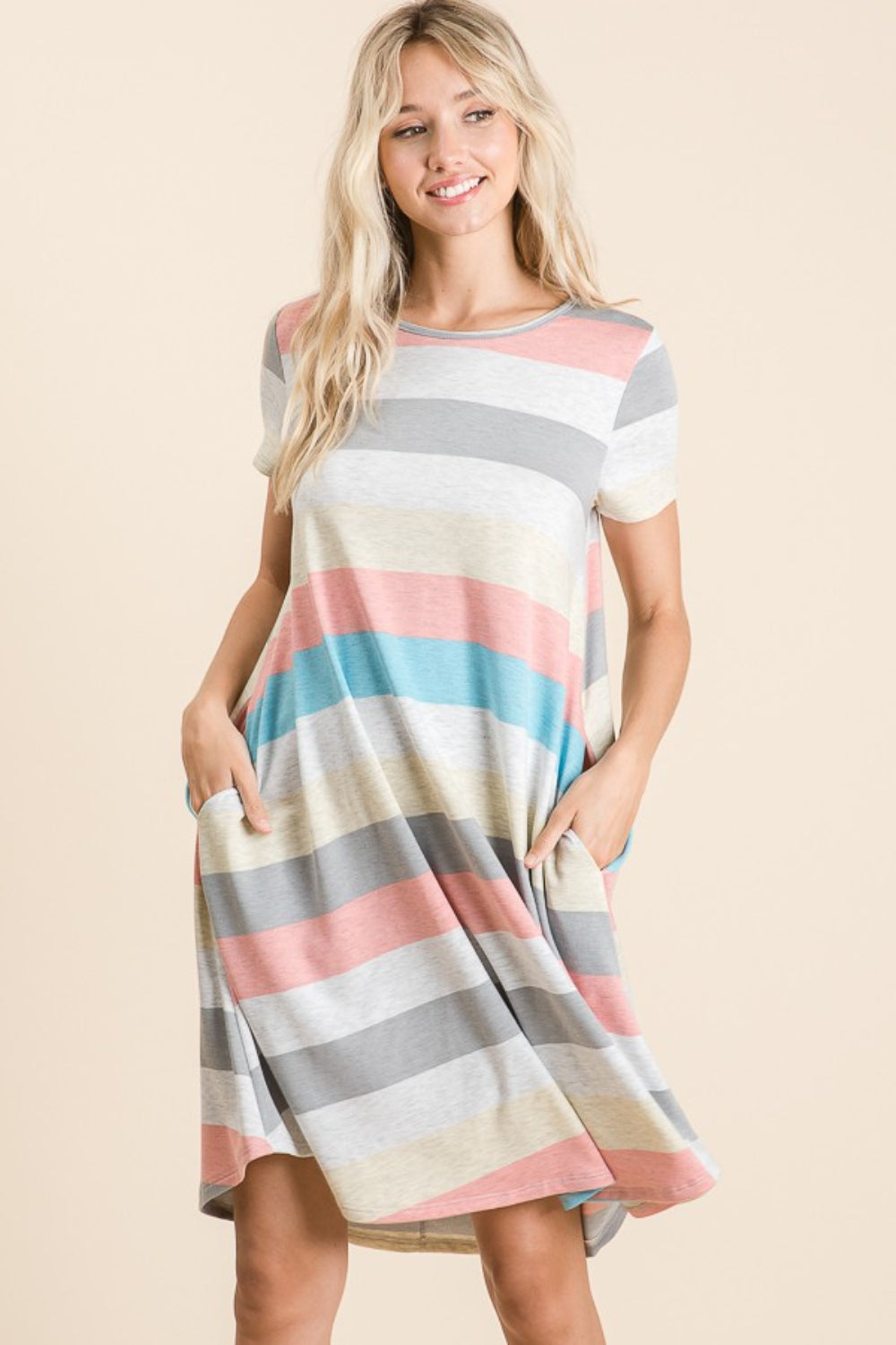 Striped Short Sleeve Dress with Pockets for Women - Casual Fit