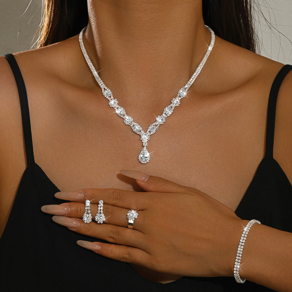 Women 4 Pcs Gold Tone Rhinestone Jewelry Set,Necklace Dangle Earrings Bracelet Ring,Glamorous Bridal Costume Accessories For Wedding Banquet Party Occasion