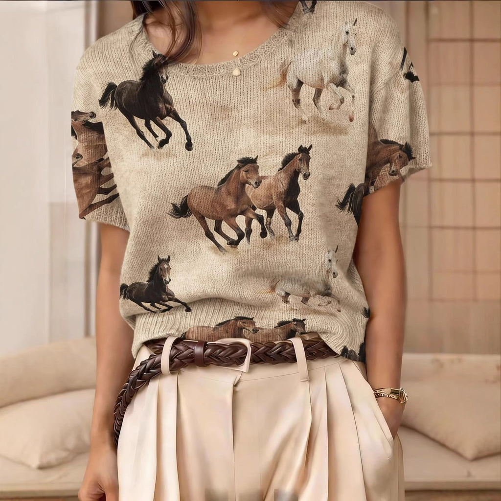 Women's Argyle Short-Sleeve Knit Top Crew Neck Casual Sweater - Image 5