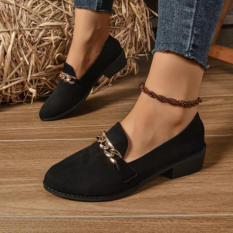 Women’s Pointed Toe Chunky Block Heel Loafers with Chain Detail