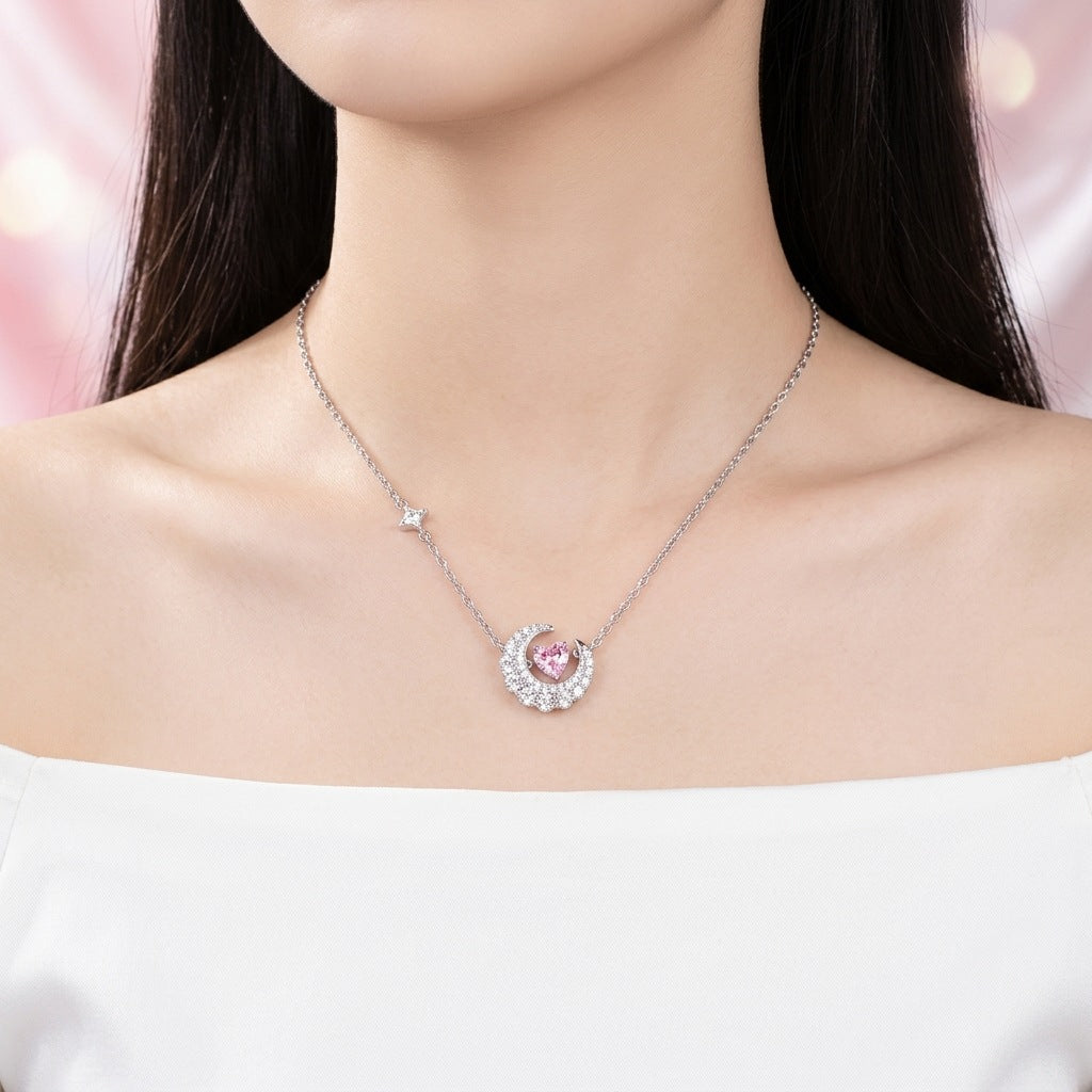 Phantom Dream Heart Moon Necklace with Zircon Inlay in Silver