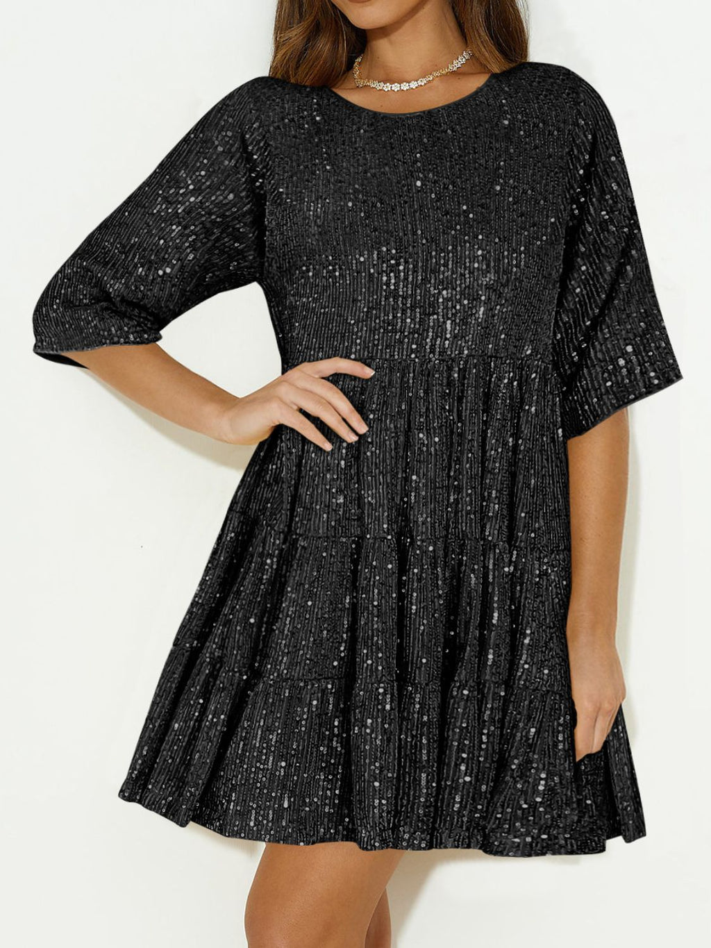 Sequin Round Neck Half Sleeve Mini Dress | Shimmer