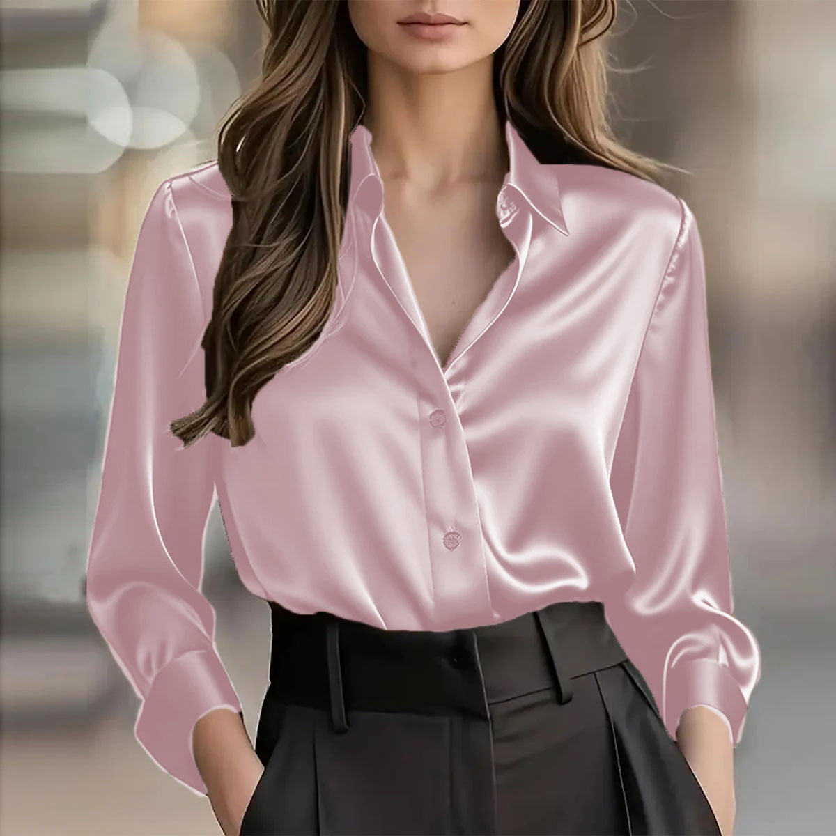 Women's Classic Satin Button Down Shirt Long Sleeve Lapel Blouse