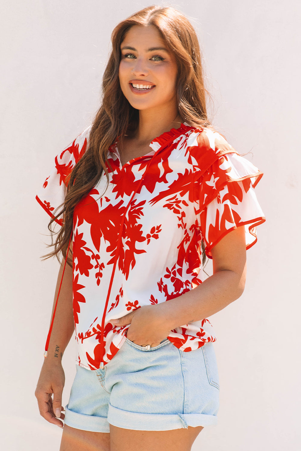 Zoya Tiered Ruffled Sleeve V Neck Blouse in Red Floral Print
