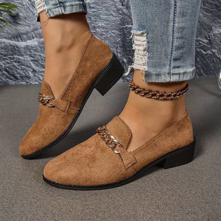Women’s Pointed Toe Chunky Block Heel Loafers with Chain Detail
