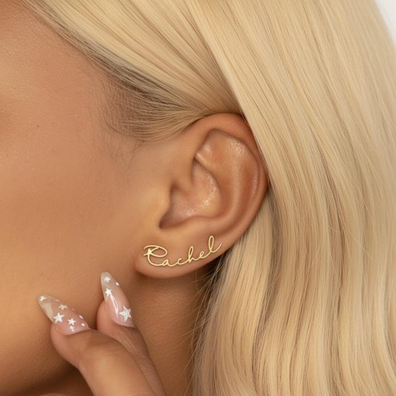 Custom Script Name Stud Earrings in Gold-Tone Finish