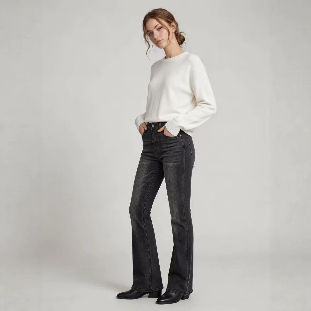 High-Waist Slim-Fit Flare Jeans: Full-Length Denim Pants