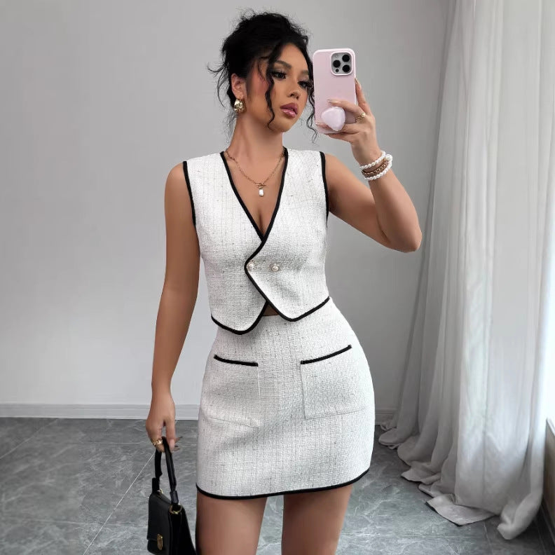 Two-Piece Tweed Vest and Mini Skirt Set with Contrast Trim - Image 5