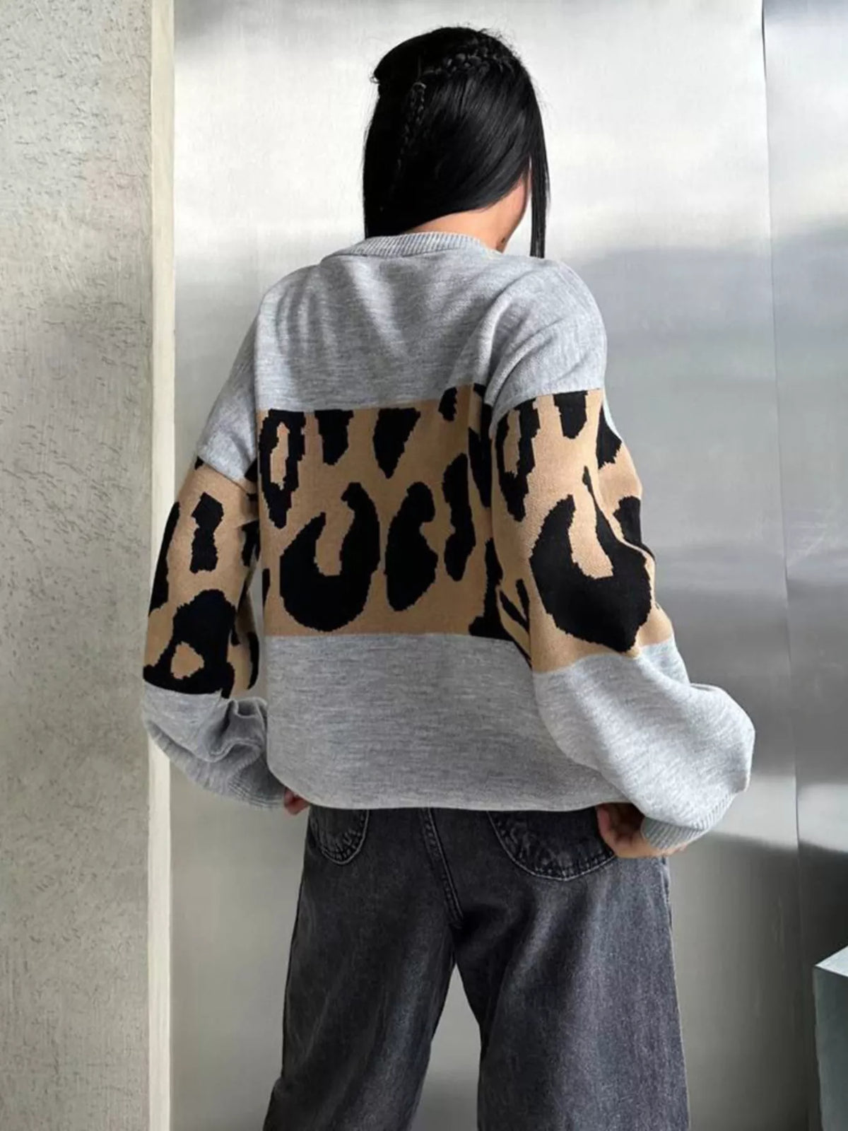 Leopard Color Block Round Neck Sweater