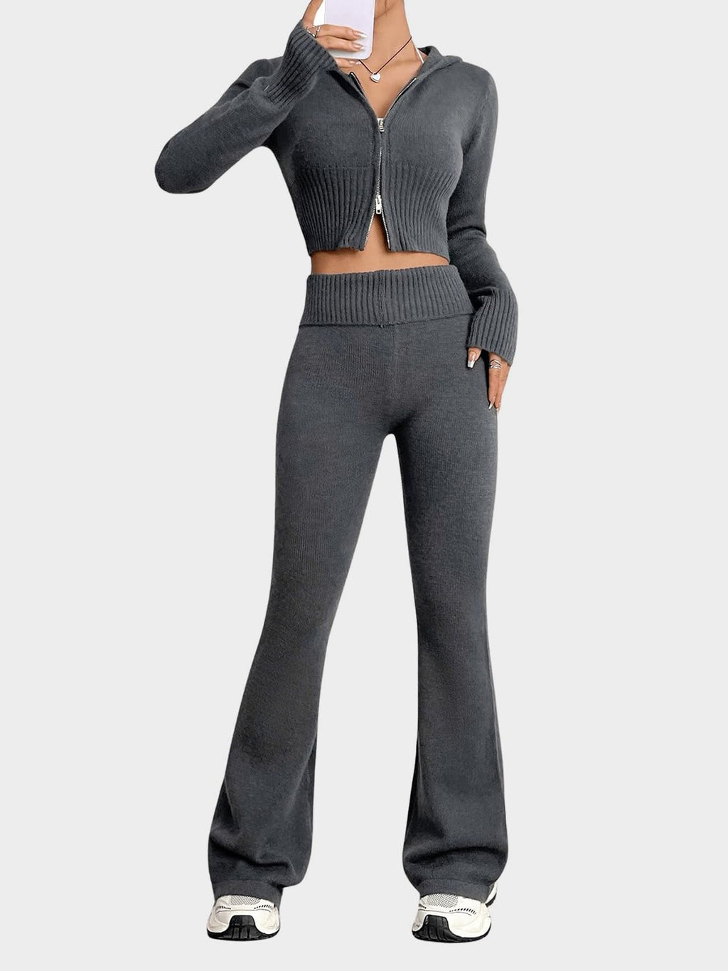 Zip Up Hooded Top & Flare Pants Sweater Set | Acrylic Knit