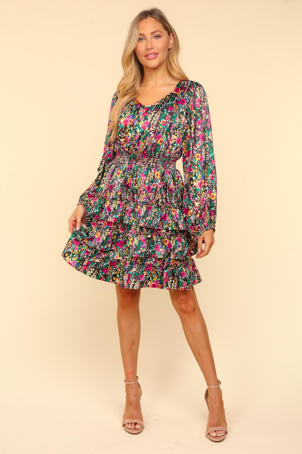 A flowy floral satin V-neck layered dress available in multiple vibrant colors.
