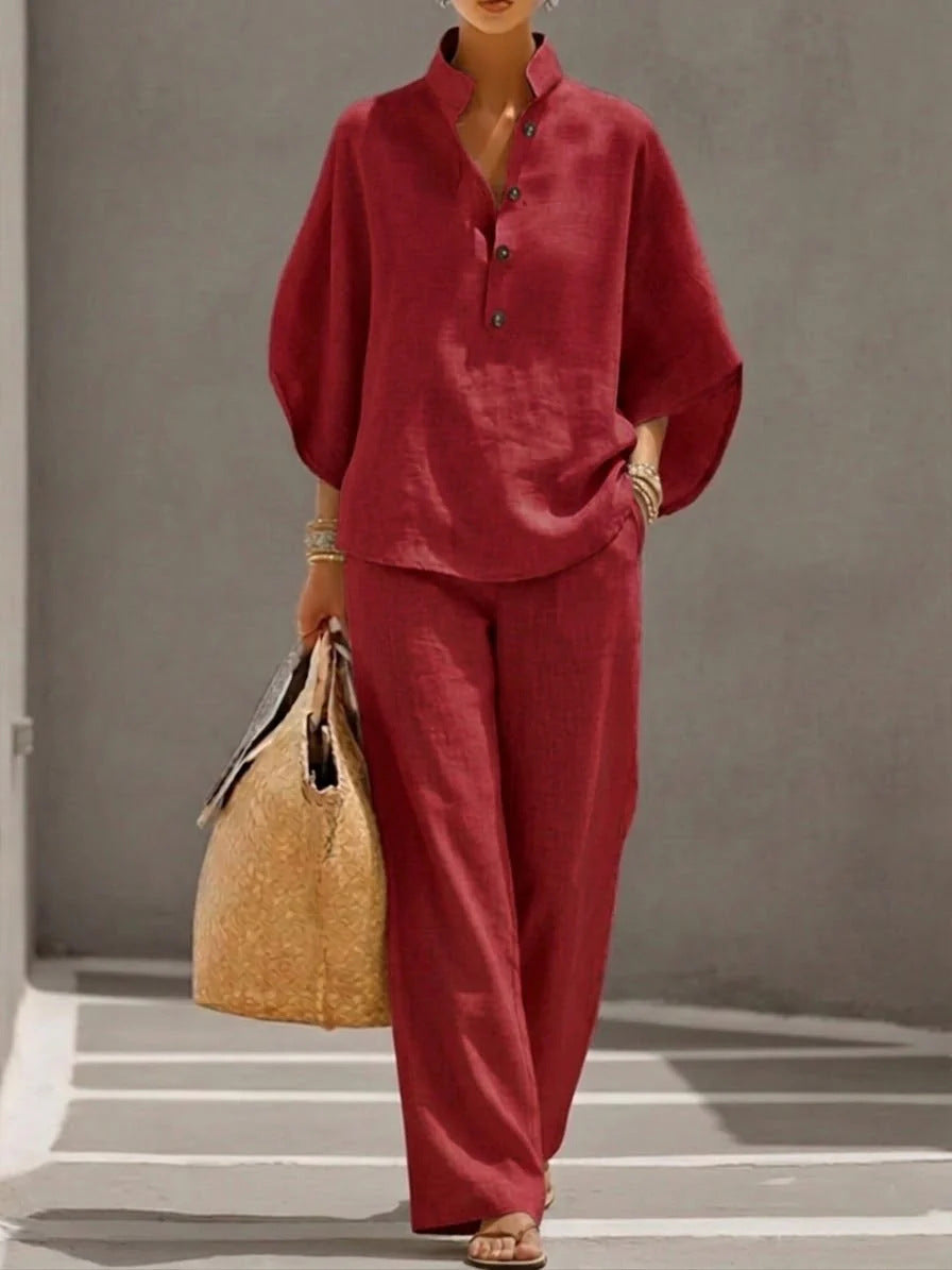 Women's Casual Linen-Look Shirt and Full-Length Pants Set - Image 10