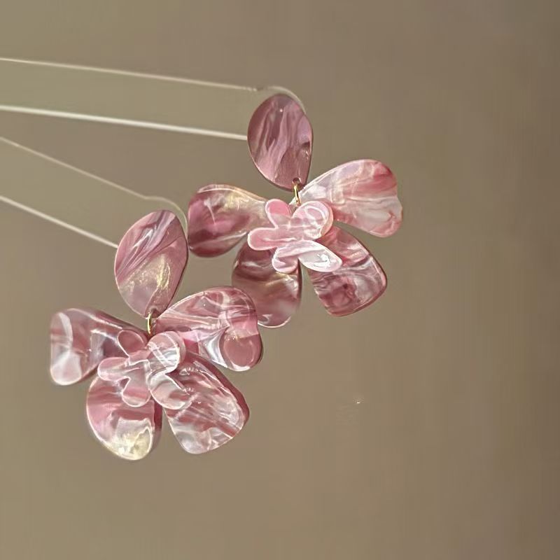 Pleated Petal Dangle Earrings Silver Post Retro Floral Jewelry