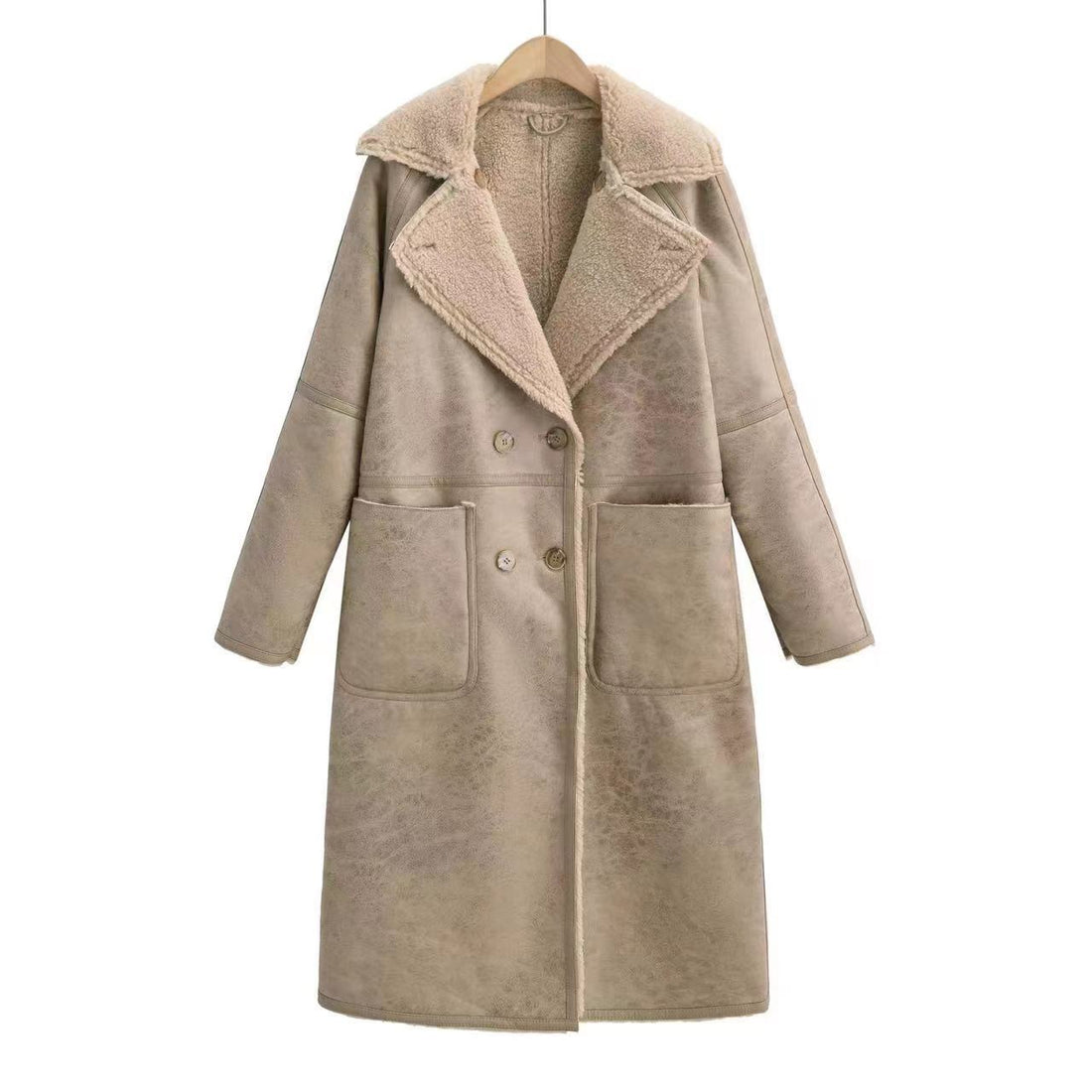 Women’s Double-Breasted Faux Leather Trench Coat with Sherpa Lining - Image 8
