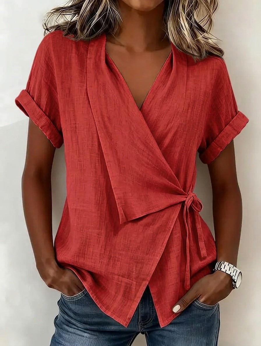 Women's Casual Lapel Collar Lace-Up Linen Blend Short-Sleeve Top - Image 10