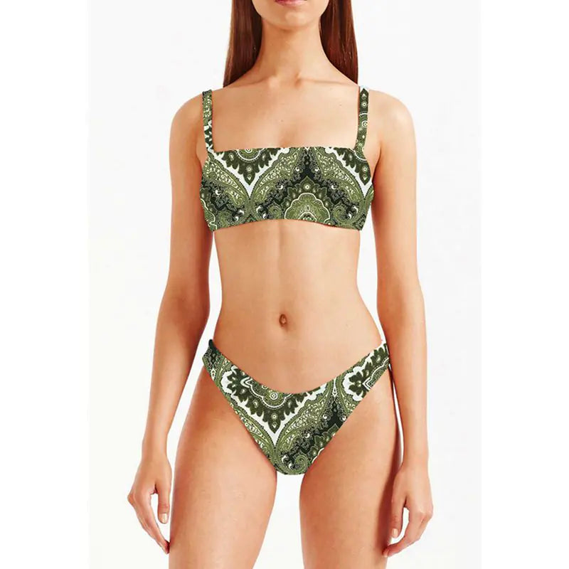 Women's Green Paisley Print Two-Piece Bikini Swimsuit Set - Image 2