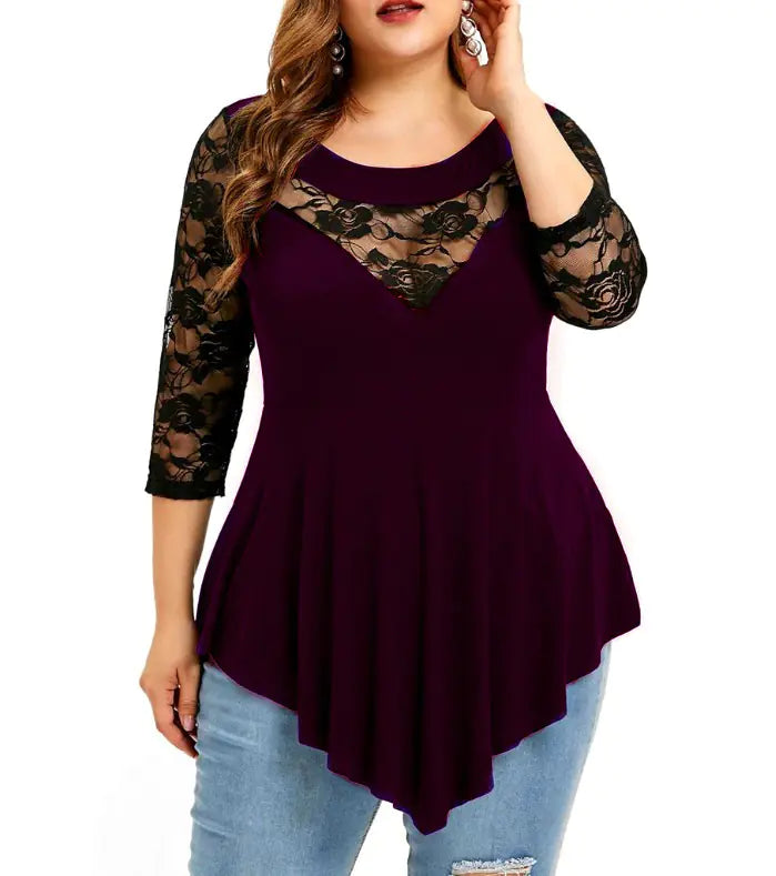 Spring Plus Size Floral Lace Top with Sheer Hem