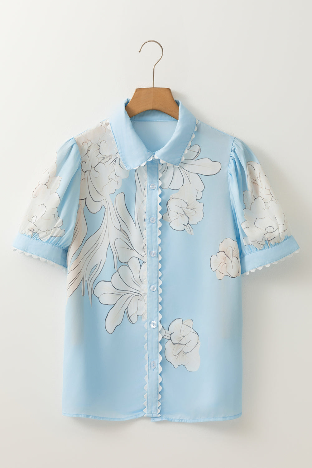 Floral Ric-Rac Edge Puff Sleeve Button-Up Shirt