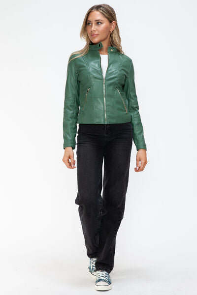 Women's Faux Leather Zip-Up Hooded Jacket Casual Urban Streetwear