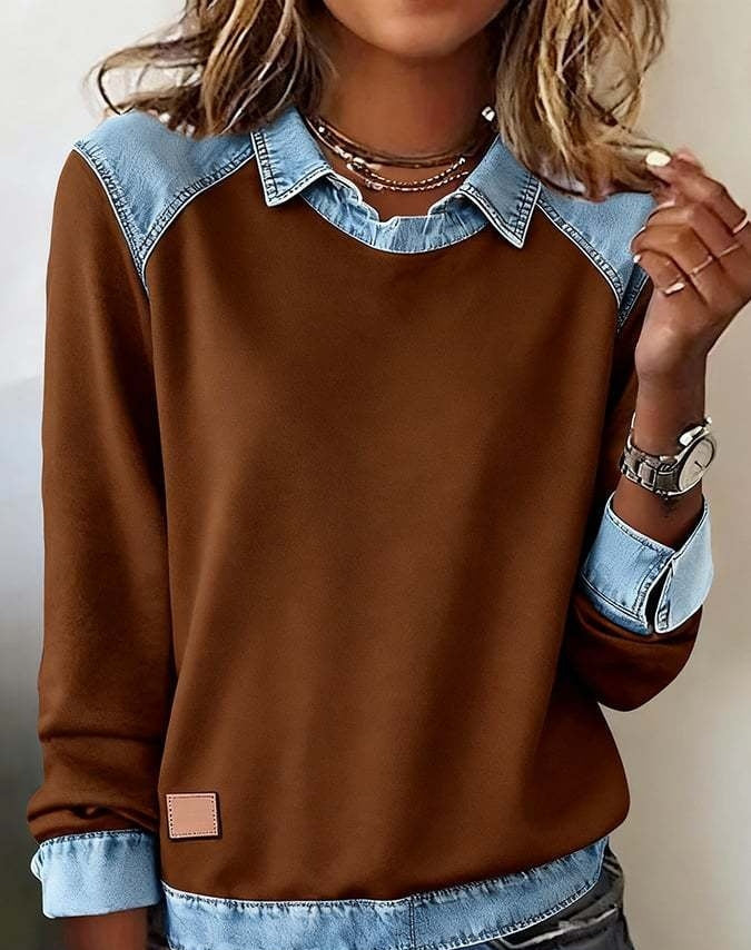 Denim Collar Patchwork Knit Pullover – Women’s Street Style Top