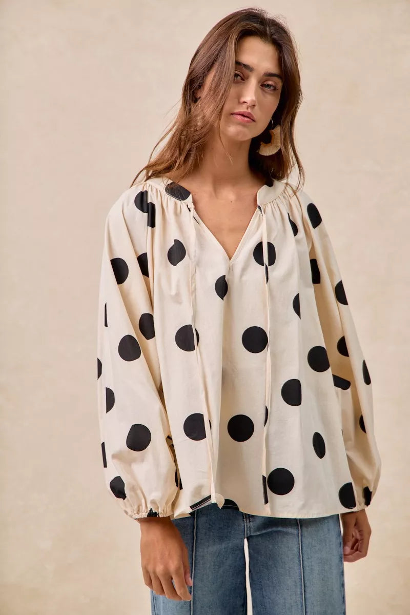 BiBi Polka Dot Exaggerated Balloon Sleeves Blouse