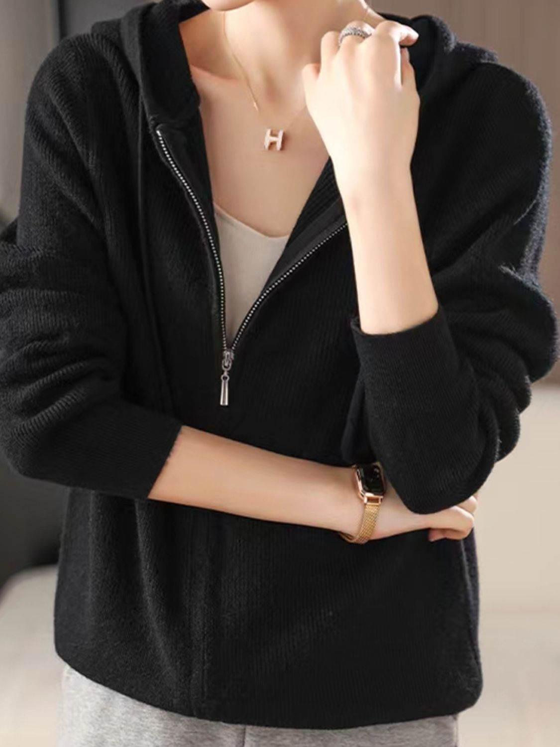 Women's Brown Long Sleeve Zip Up Knit Hoodie with Drawstring - Image 20
