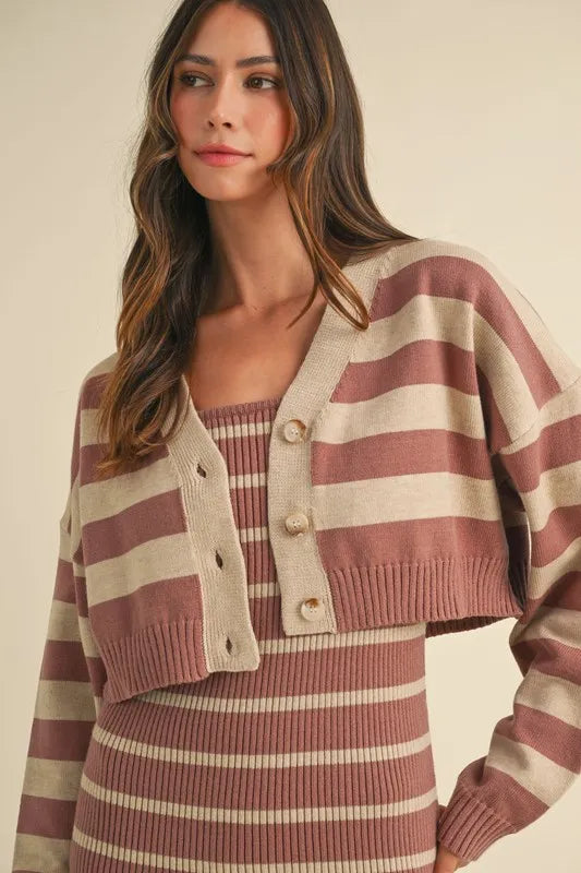 Stripe Knit Crop Cardigan and Bodycon Sweater Dress Set