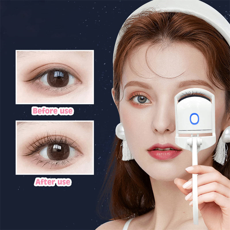 Minimalist white heated eyelash curler featuring a curved design and USB charging port