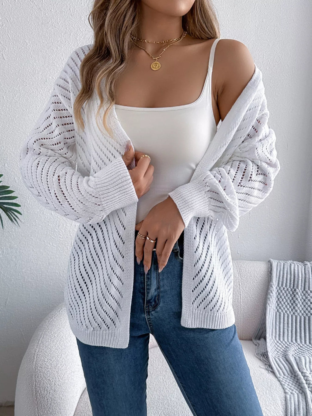Openwork Open-Front Long Sleeve Cardigan