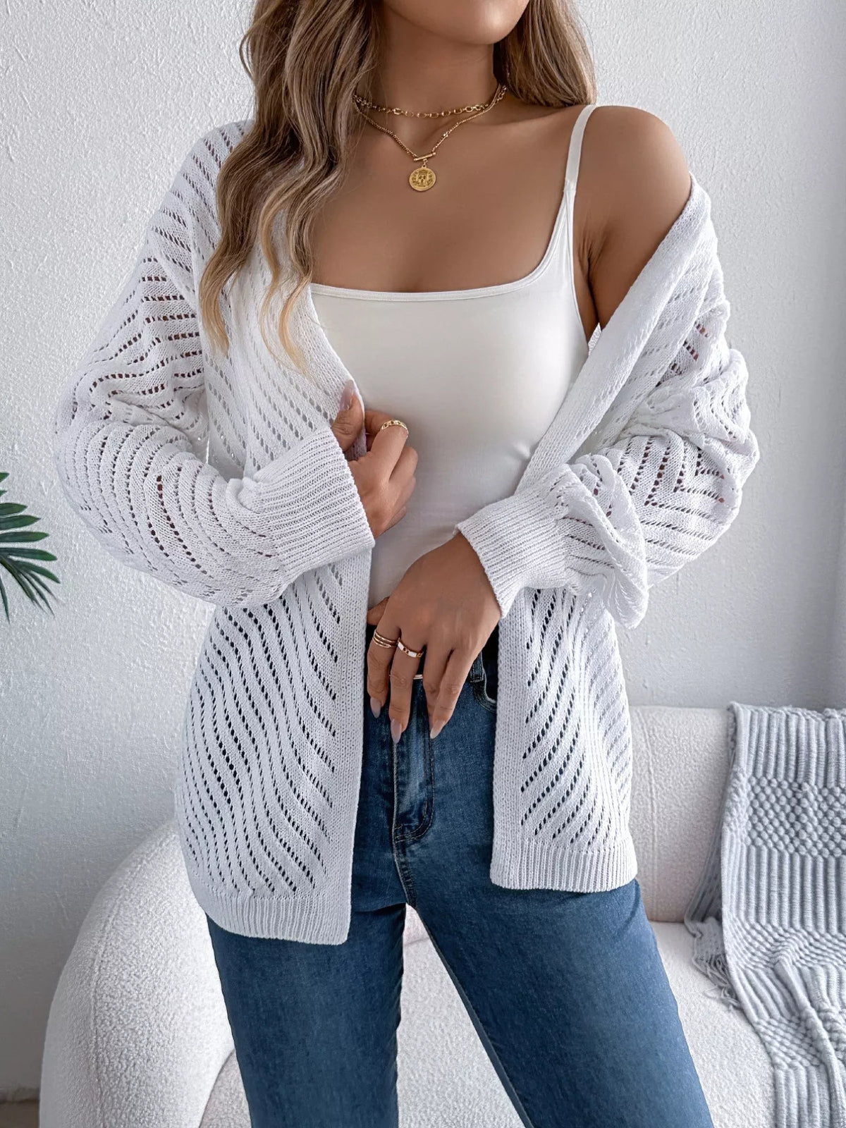 Openwork Open-Front Long Sleeve Cardigan