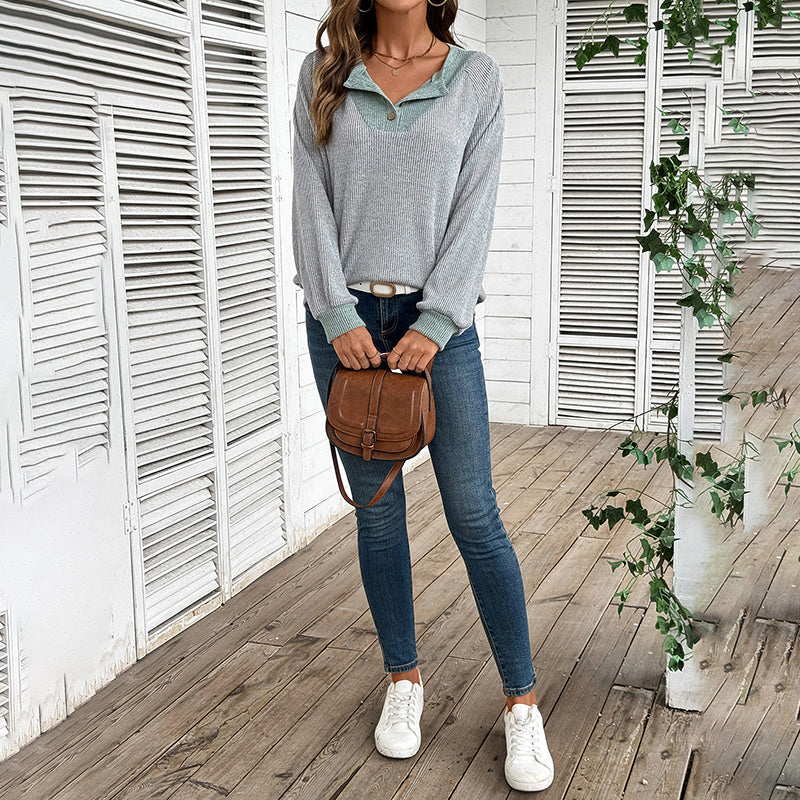 Women’s Color-Block V-Neck Pullover Long Sleeve Knit Sweater - Image 8