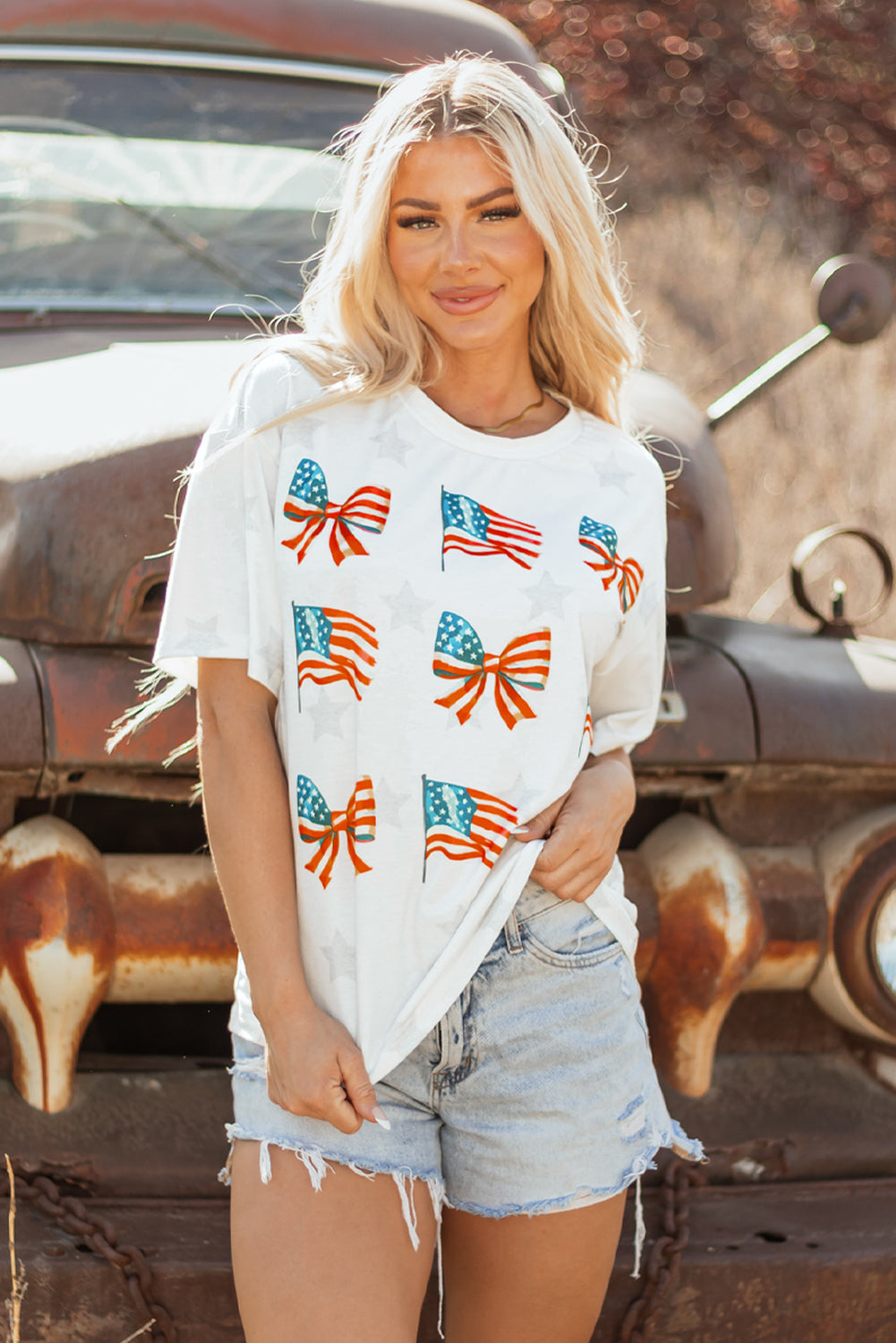 Khaki Patriotic Flag Bow Graphic Starry Round Neck T-Shirt