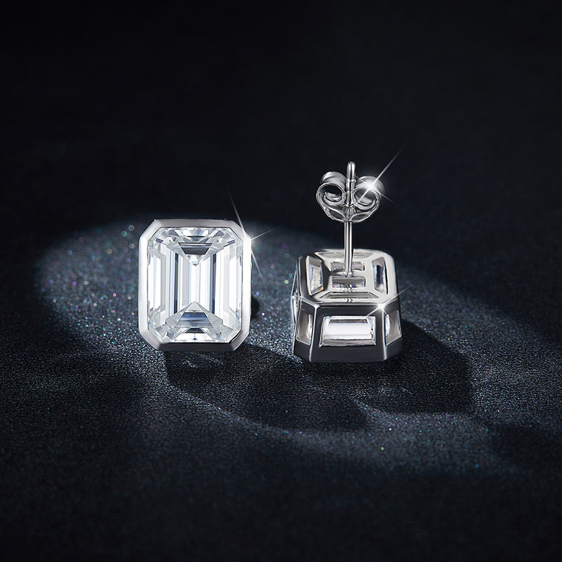 Emerald Cut Moissanite Stud Earrings with Geometric Bezel