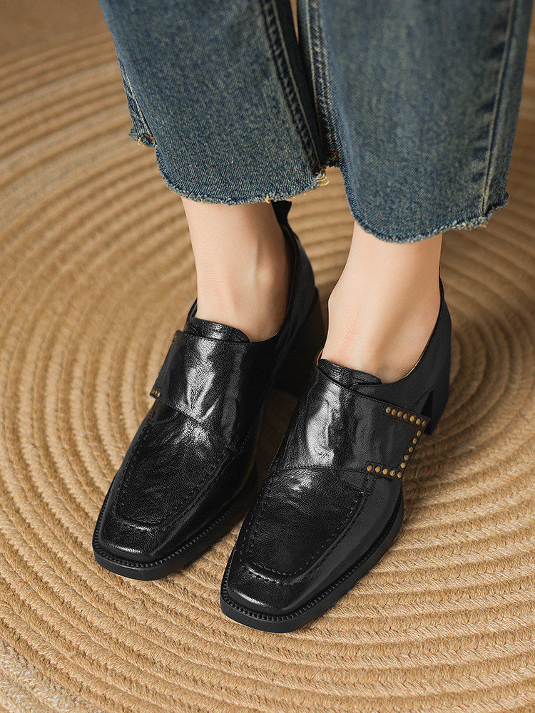 Black Square Toe Chunky Heel Pumps with Studded Accents